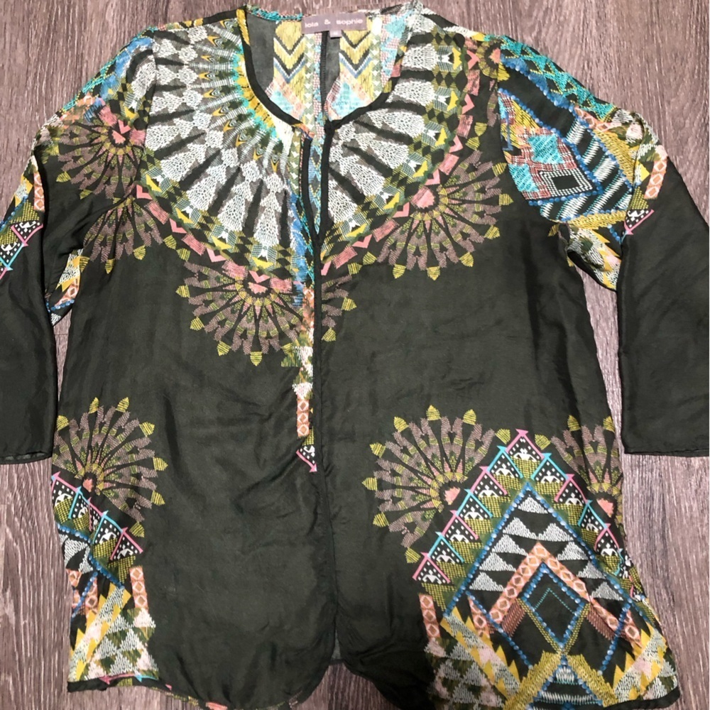 Lola & Sophie 100% Silk Geometric Tribal Print Tunic Blouse Medium - Picture 3 of 11